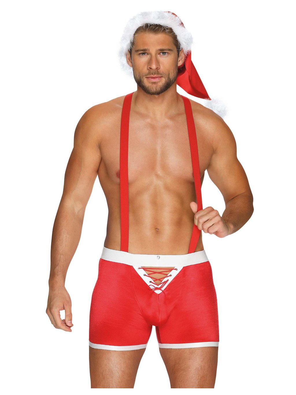 Vánoční kostým Obsessive Mr. Claus  boxerky s kšandami a čepice