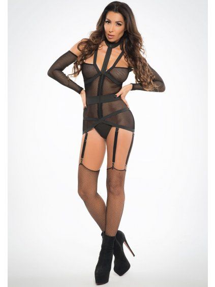 Síťovaný top s dlouhými rukávy a podvazky + tanga Allure Chloe (Velikost S)