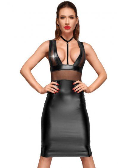 NOIR Lesklé šaty s průsvitnými vsadkami a ozdobným obojkem (Velikost S)