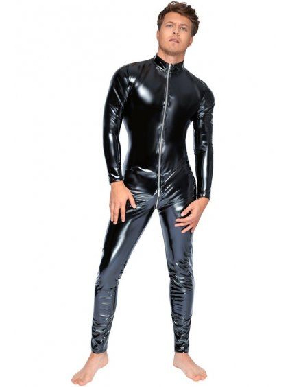 Lakovaný celotělový pánský overal s trojcestným zipem Black Level (Velikost S)