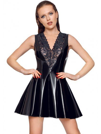 Lakované minišaty s krajkou a nabíranou sukní Black Level (Velikost S)