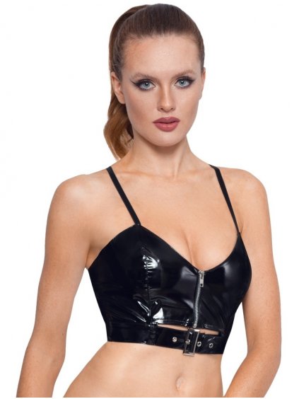 Lakovaný crop top se zipem a přezkou Black Level