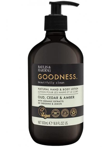 Mléko na ruce a tělo Baylis & Harding Goodness Oud  Cedar & Amber – oud, cedr a ambra, 500 ml