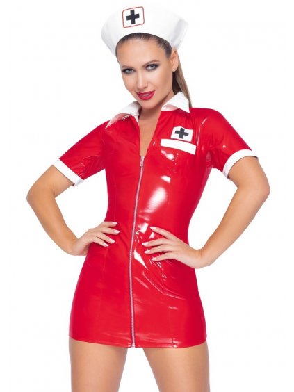 Lakovaný kostým Black Level Zdravotní sestra  červené šaty a čepeček