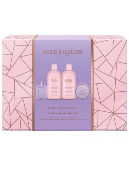 Kosmetická sada se svíčkou Baylis & Harding Jojoba  Vanilla & Almond Oil – jojoba, vanilka a mandle, 4 ks