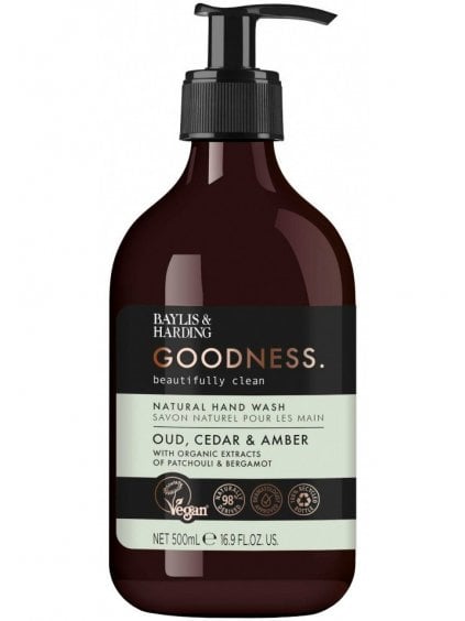 Tekuté mýdlo na ruce Baylis & Harding Goodness Oud  Cedar & Amber – oud, cedr a ambra, 500 ml