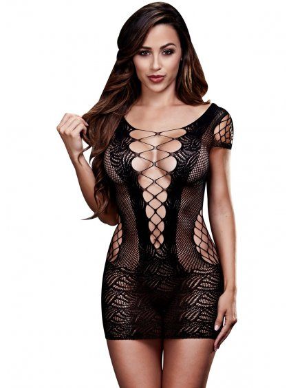Síťované minišaty s krajkovými detaily a hlubokým výstřihem Baci (Velikost S/L (univerzální))