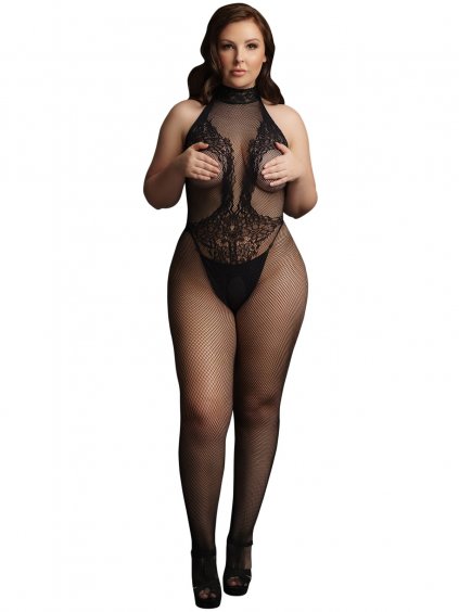 Síťovaný catsuit s krajkou a otvorem v rozkroku Le Désir  plus size