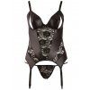 Lesklý korzet s krajkou, průstřihy na prsou a podvazky + kalhotky (Velikost XL)