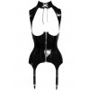 Lakovaný korzet s límečkem, odhalenými ňadry  zipem, šněrováním a podvazky Black Level